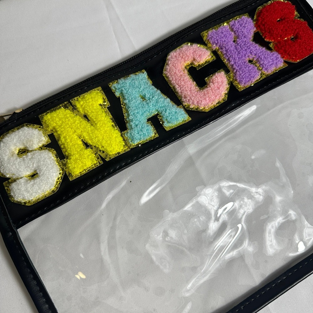 Clear Reusable SNACKS bag Vinyl Pouch Clutch Wristlet Bag Varsity Letters - Picture 3 of 8